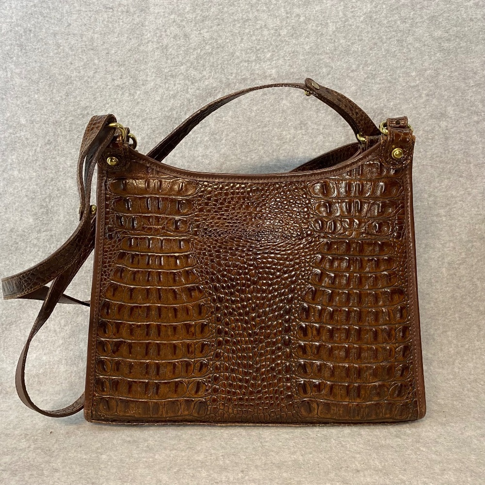 Vintage Brahmin Brown Croc Purse Two Straps Brass Feet Made In USA Chamois Int